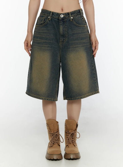 LEWKIN Vintage Washed Jorts CL508 Dark blue front view on model wearing brown combat boots, wide-leg knee-length washed denim shorts size 1XS