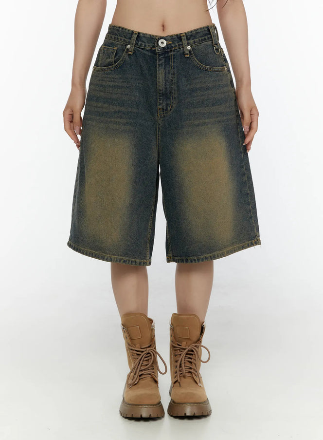LEWKIN Vintage Washed Jorts CL508 Dark blue front view on model wearing brown combat boots, wide-leg knee-length washed denim shorts size 1XS