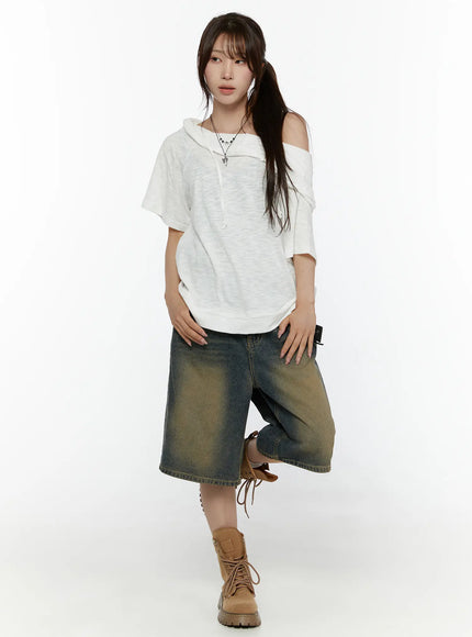 Vintage Washed Jorts CL508 Dark blue full-body front on model wearing white off-shoulder hoodie and combat boots, relaxed pose