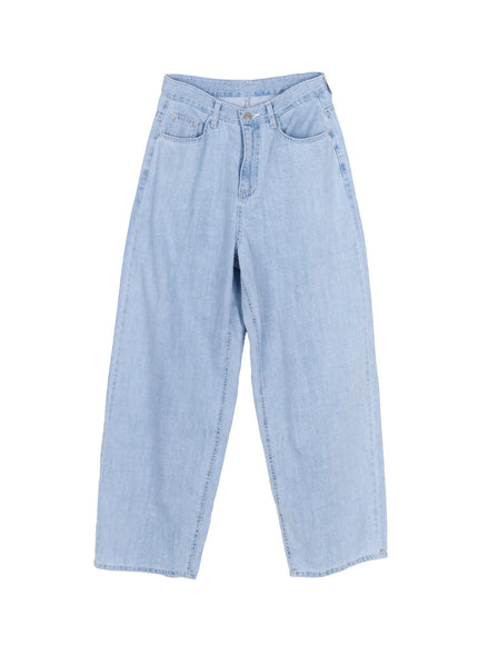 Viori Casual Wide-Leg Jeans IU525 Light blue flat-lay front view showing full length, asymmetric V-waistband, five-pocket construction, and wide barrel-leg denim silhouette