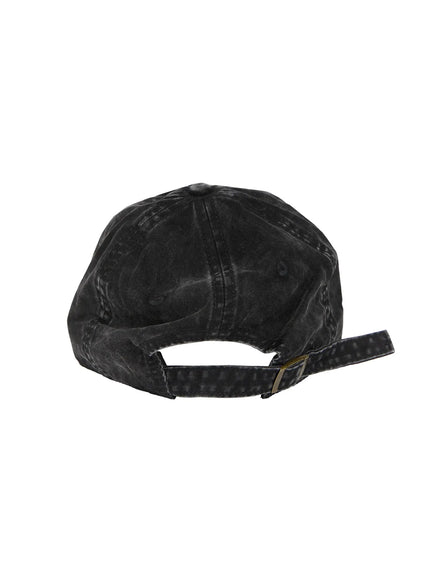 Washed Denim Cap IL509 Black back flat view showing adjustable metal buckle strap open back washed cotton faded texture