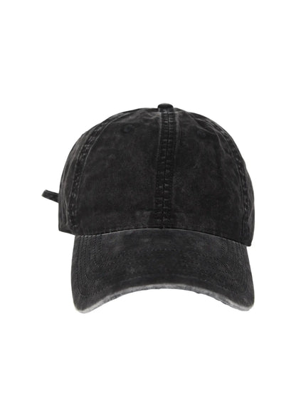 Washed Denim Cap IL509 Black front flat view washed faded cotton six-panel baseball cap curved brim center stitching