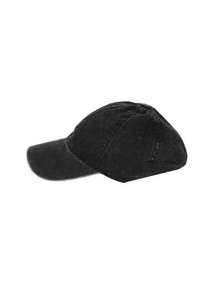 Washed Denim Cap IL509 Black side flat view washed faded cotton cap showing brim profile panel seams and ventilation eyelet