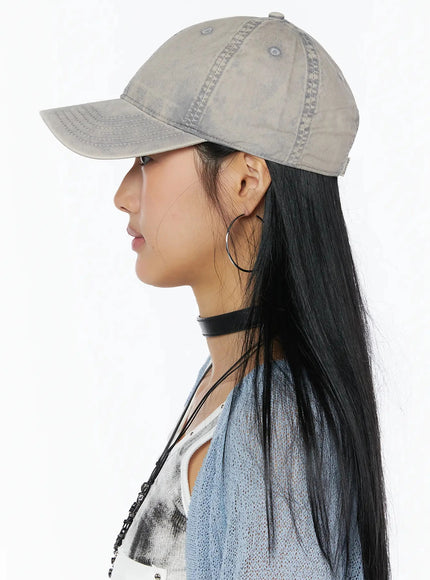 Washed Denim Cap IL509 Gray back on model showing adjustable metal buckle strap washed cotton panels ventilation eyelets