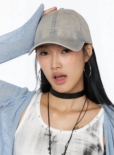 LEWKIN Washed Denim Cap IL509 Gray close-up front on model hand raising brim washed cotton texture street style styling