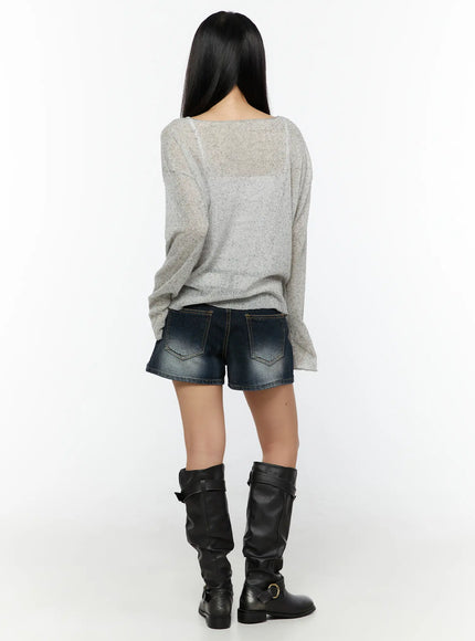 Washed Denim Shorts CU526 Dark blue full-body back shot on model styled with oversized grey knit top and black slouchy knee-high boots