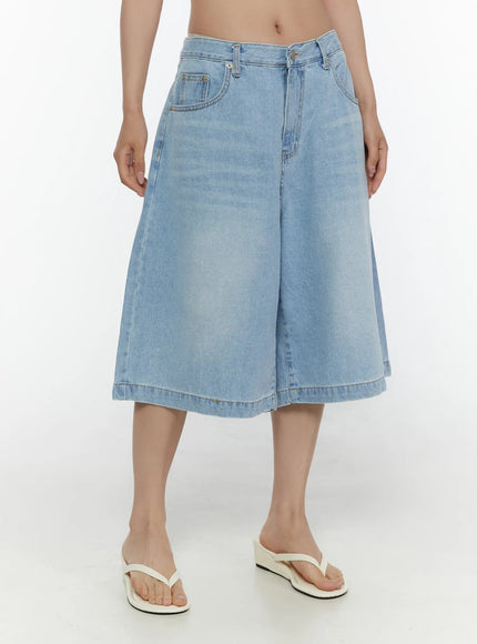 LEWKIN Washed Wide Leg Jorts CL508 Blue front close-up on model showing wide-leg silhouette, faded denim texture, front pockets, and hem stitching with white flip-flop sandals