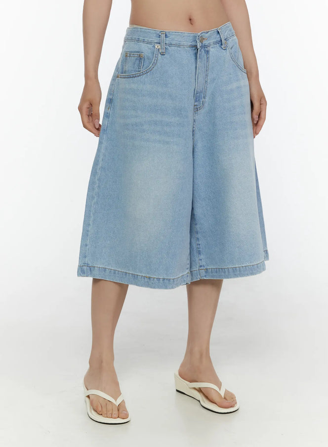 LEWKIN Washed Wide Leg Jorts CL508 Blue front close-up on model showing wide-leg silhouette, faded denim texture, front pockets, and hem stitching with white flip-flop sandals