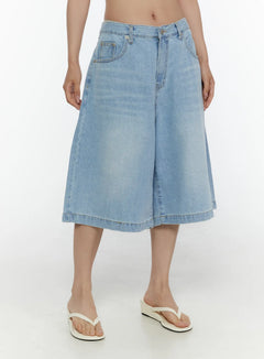 LEWKIN Washed Wide Leg Jorts CL508 Blue front close-up on model showing wide-leg silhouette, faded denim texture, front pockets, and hem stitching with white flip-flop sandals