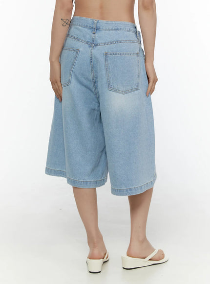 Washed Wide Leg Jorts CL508 Blue back view on model showing two patch pockets, waistband stitching, wide-leg silhouette, and light faded denim with white flip-flops
