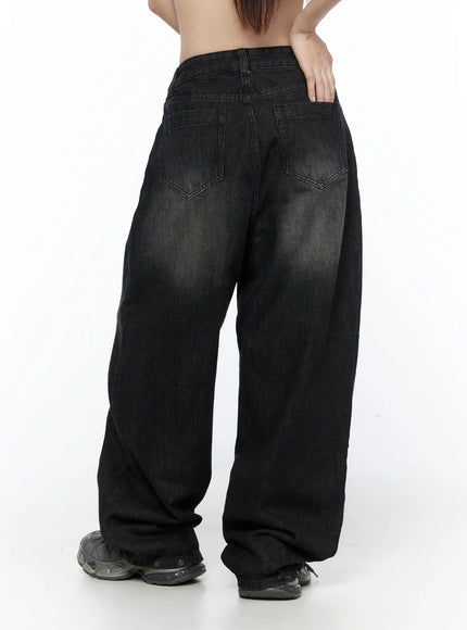 West Wide Leg Jeans CL527 Black back shot on model showing rear double-pocket stitching detail, washed denim finish, and pooling hem