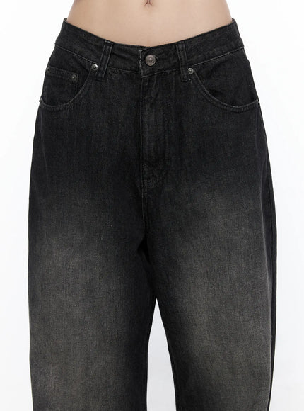 West Wide Leg Jeans CL527 Black close-up front detail shot on model highlighting mid-rise waistband, front pockets, button fly, and faded wash texture