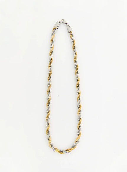 LEWKIN Weston 7mm Twisted Necklace IL522 gold silver two-tone rope chain flat-lay full length view showing lobster clasp closure