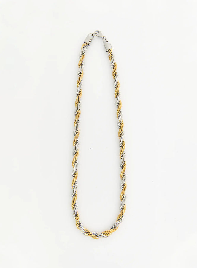 LEWKIN Weston 7mm Twisted Necklace IL522 gold silver two-tone rope chain flat-lay full length view showing lobster clasp closure