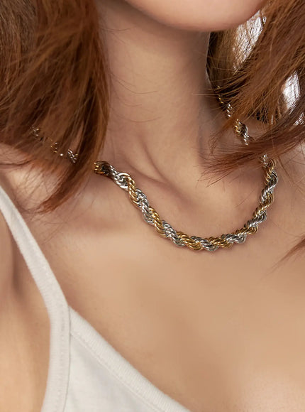 Weston 7mm Twisted Necklace IL522 gold silver close-up on model neck loosely draped showing chunky twisted rope chain over white top