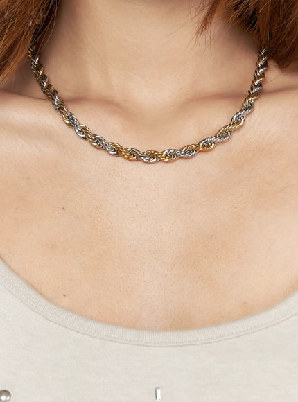 Weston 7mm Twisted Necklace IL522 gold silver front view on model neck fitted wear showing full chain drape against white crew-neck top