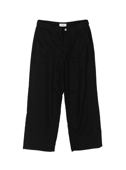 Wide Leg Cotton Pants CL521 Black flat-lay front view showing full length wide leg silhouette, single button waistband, patch pockets, and brand label