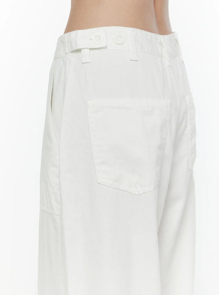 Wide Leg Cotton Pants CL521 White close-up back detail showing adjustable waistband tab, button closure, and back patch pocket with stitched border