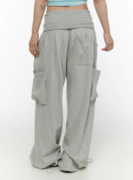 Wide Leg Sweatpants CL508 gray back shot on model showing rear patch pocket fold-over waistband and oversized wide-leg cargo silhouette