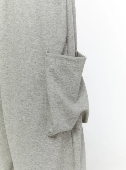 Wide Leg Sweatpants CL508 gray close-up detail of large side cargo pocket with stitched flap on wide-leg french terry fabric