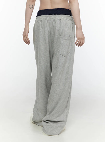 Wide Leg Sweatpants IL522 Gray back close-up shot on model showing back patch pocket, navy striped double waistband, heathered gray cotton-blend fabric
