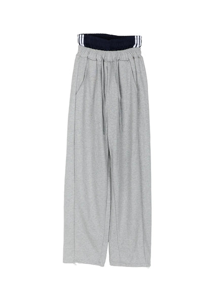 Wide Leg Sweatpants IL522 Gray flat-lay front view showing navy striped double waistband, drawstring, center seam, wide-leg heathered gray fleece, full length