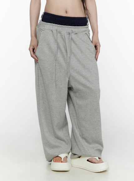 Wide Leg Sweatpants IL522 Gray front close-up shot on model showing navy contrast double elastic waistband with drawstring, wide-leg gray marl fleece