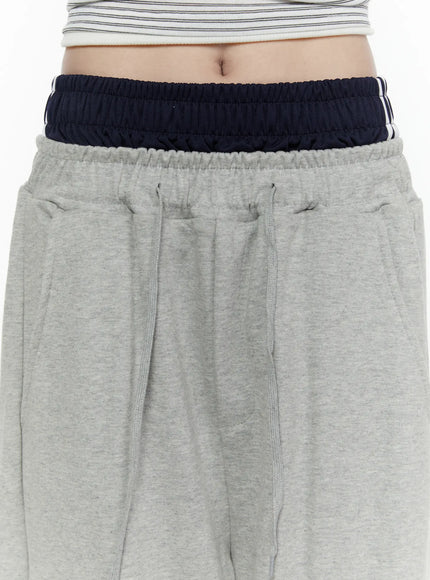 Wide Leg Sweatpants IL522 Gray close-up detail shot showing navy striped elastic double waistband, drawstring, side pocket, and heathered gray fleece texture