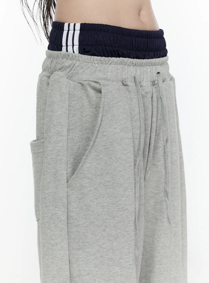 Wide Leg Sweatpants IL522 Gray close-up detail shot on model showing navy contrast waistband with white stripe, drawstring, side pocket, and center seam