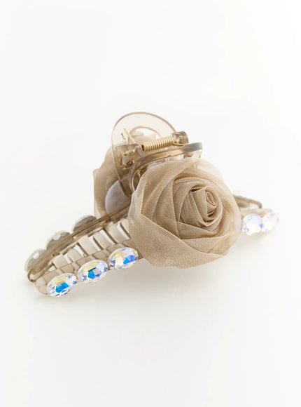 Willow Cubic Hair Clip IL503 beige angled back view revealing spring hinge mechanism transparent claw body and AB crystal embellishments
