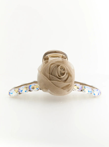 LEWKIN Willow Cubic Hair Clip IL503 beige front view flat lay showing chiffon rose center and iridescent cubic gems on wings