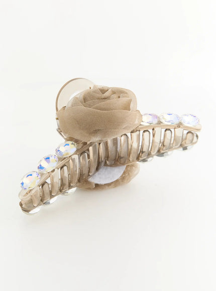 Willow Cubic Hair Clip IL503 beige side-angled detail showing claw teeth structure chiffon rose and aurora borealis cubic stones