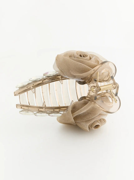 Willow Cubic Hair Clip IL503 beige side view displaying open claw grip dual chiffon roses top and bottom with iridescent gem accents