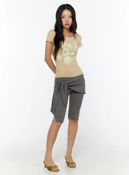 Wrap Capri Pants CU526 Dark gray full-length front shot model in beige floral top standing straight showing wrap skirt overlay and capri length