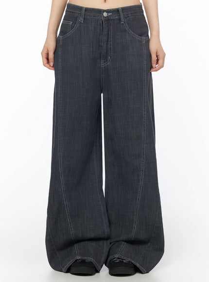 LEWKIN Zena Summer Baggy Jeans IU525 Black front close-up on model showing wide-leg silhouette, contrast white stitching, and button fly detail, size S