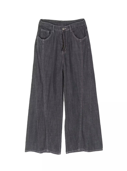 Zena Summer Baggy Jeans IU525 Black flat-lay front view showing ultra-wide leg silhouette, front pockets, contrast stitching, and silver button