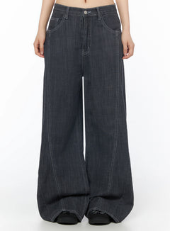 LEWKIN Zena Summer Baggy Jeans IU525 Black front close-up on model showing wide-leg silhouette, contrast white stitching, and button fly detail, size S