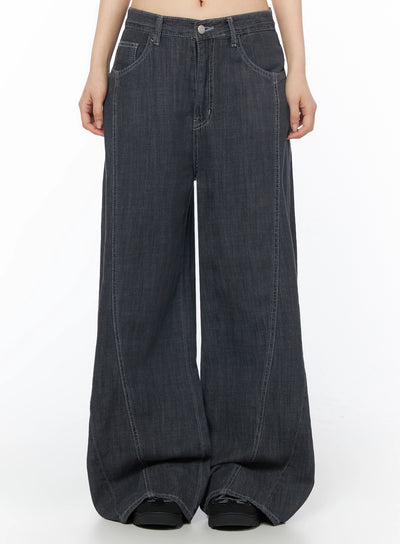 LEWKIN Zena Summer Baggy Jeans IU525 Black front close-up on model showing wide-leg silhouette, contrast white stitching, and button fly detail, size S