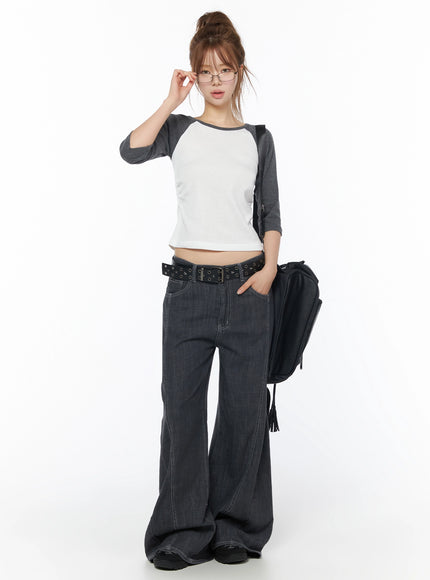 Zena Summer Baggy Jeans IU525 Black full-body front shot on model styled with raglan crop top, black belt, and backpack, standing pose