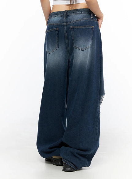 Zovie Distressed Washed Wide Leg Jeans CL514 Dark blue back shot on model showing dual back pockets with contrast stitching and faded washed denim
