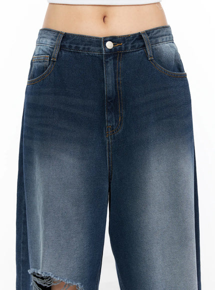 Zovie Distressed Washed Wide Leg Jeans CL514 Dark blue close-up detail of waistband and front pockets showing mid-rise fit and amber contrast stitching