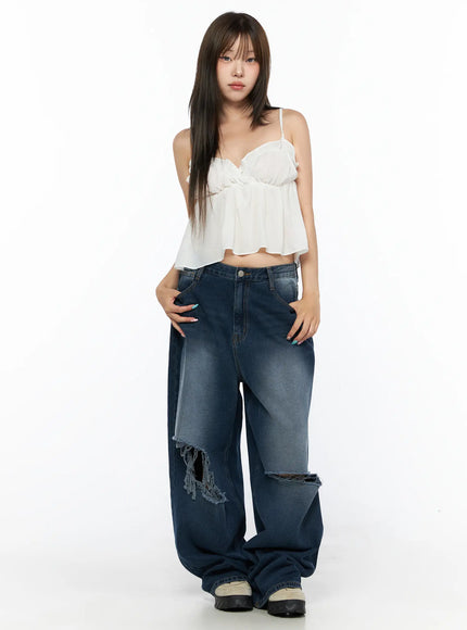 Zovie Distressed Washed Wide Leg Jeans CL514 Dark blue full-length front shot on model wearing white cami top standing upright showing overall fit