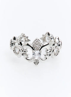 LEWKIN Bramante Ring IU503 in silver, top-down product shot, fleur-de-lis crown design with CZ crystal beads and pavé detailing, glamorous K-pop style.
