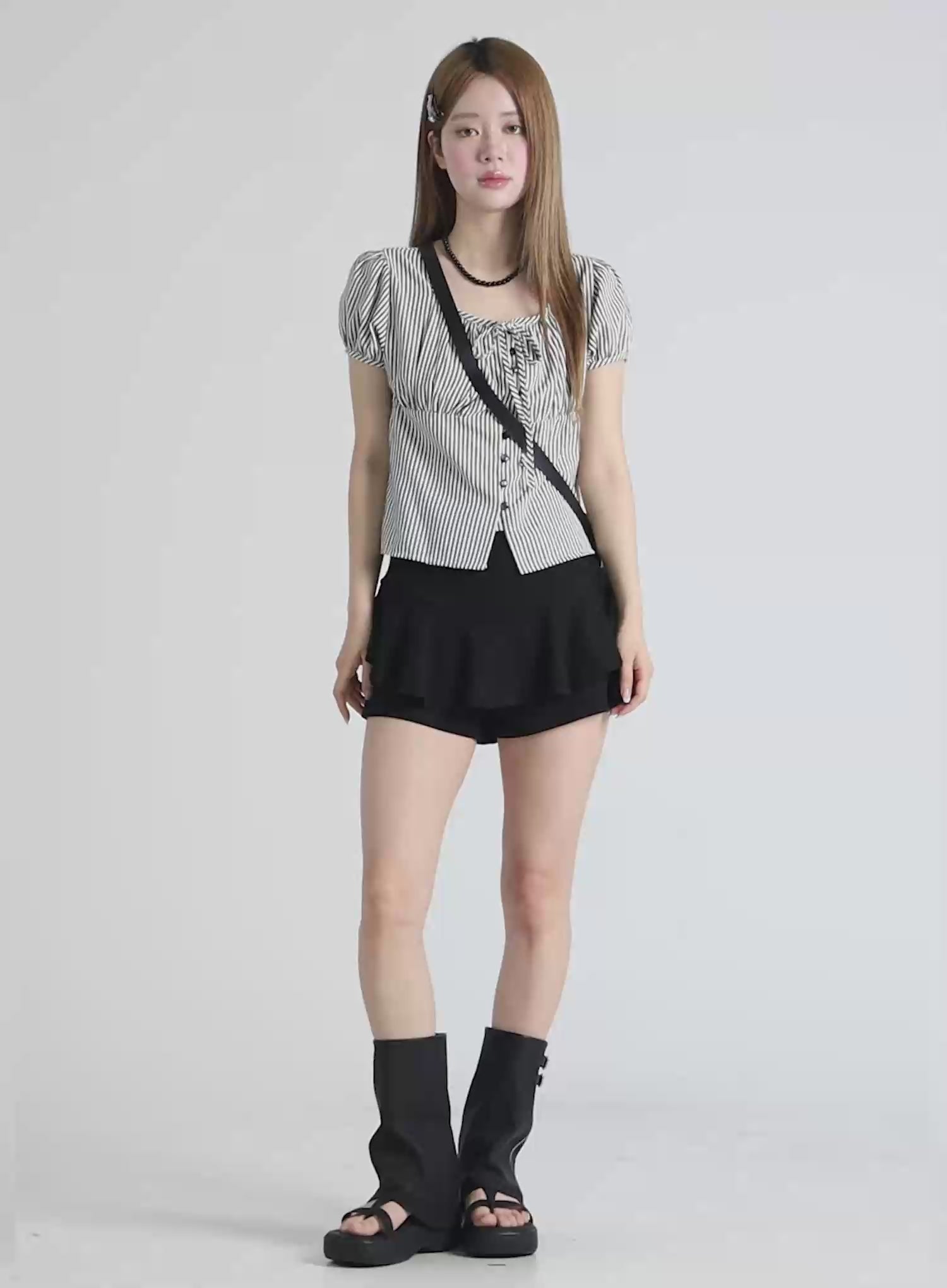 Striped Puff Short Sleeve Blouse CL502