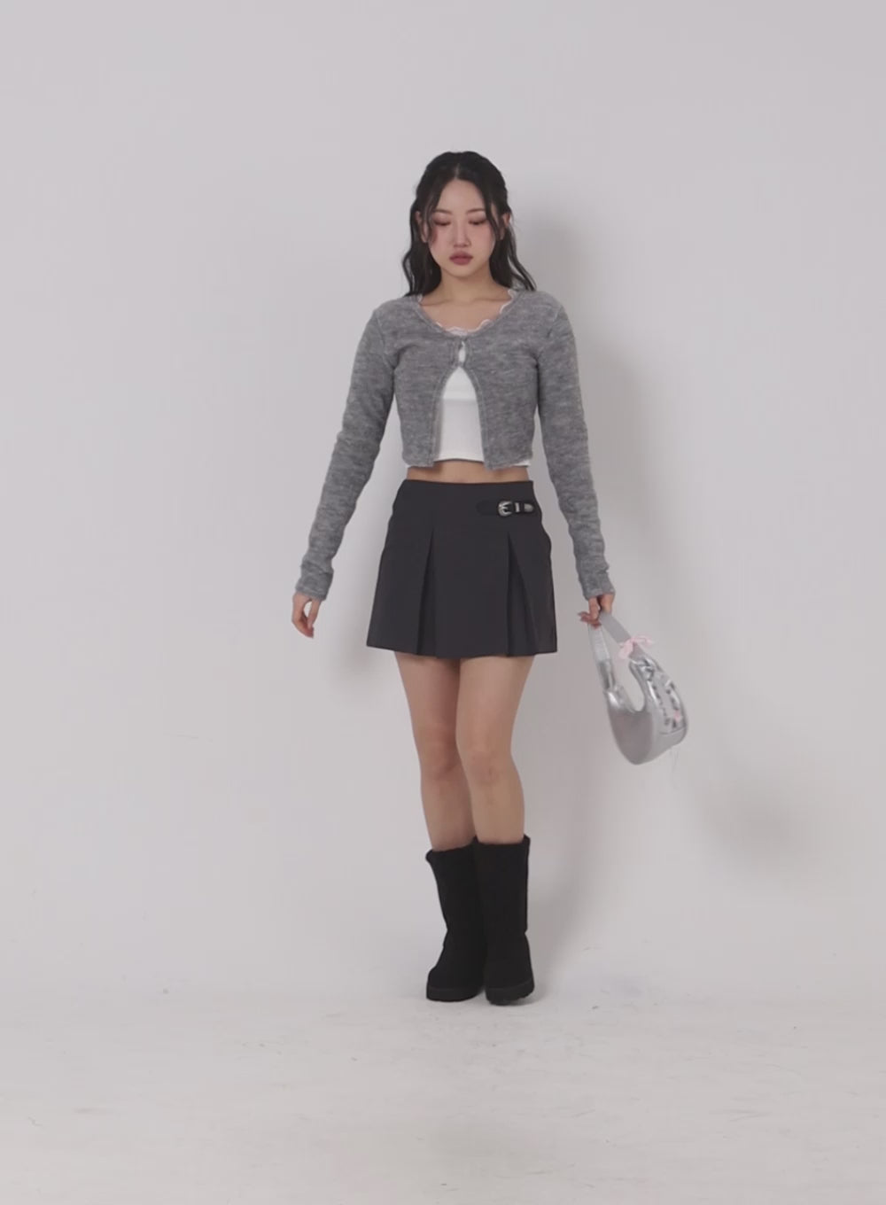 Gray Pleated Belted Mini Skirt CJ423