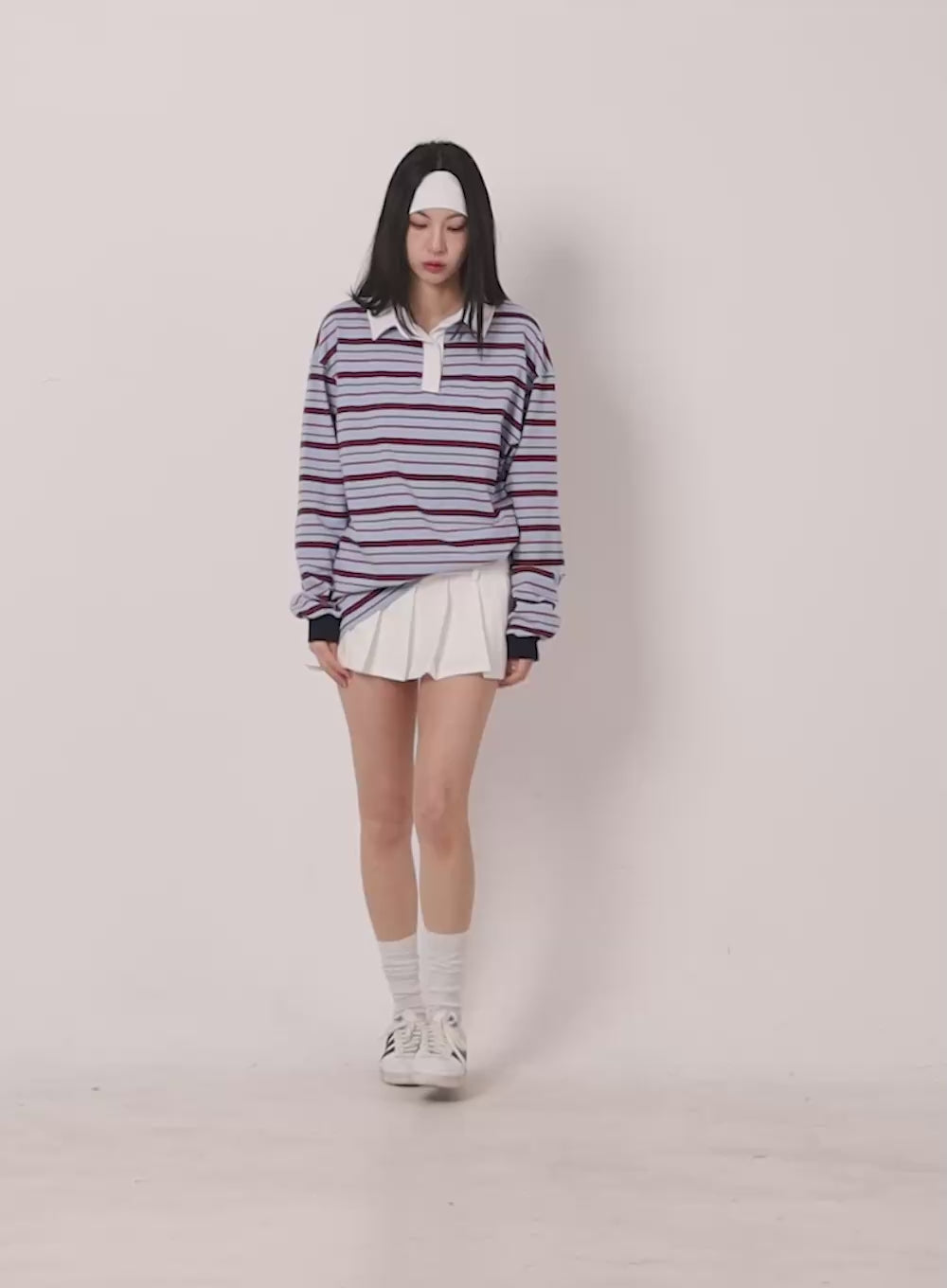 Oversized Striped Long Sleeve Polo Shirt CF514