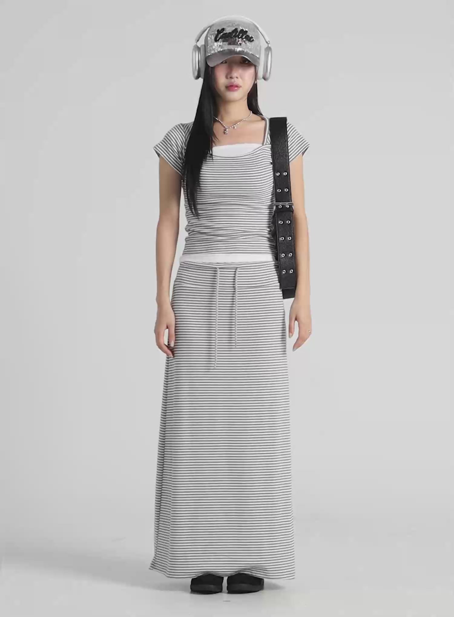 Striped Drawstring Maxi Skirt IU522