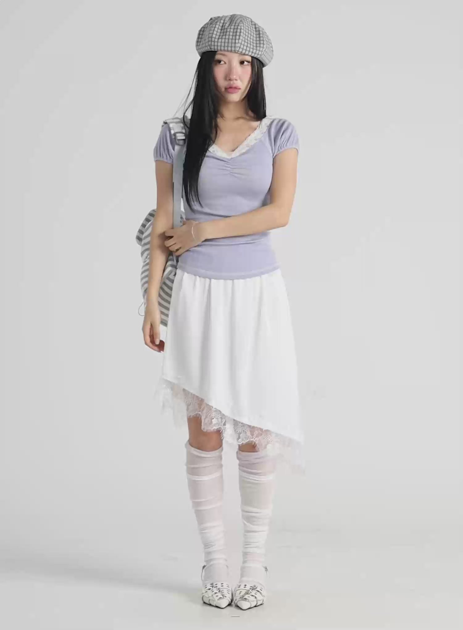 Chic Lace-Trimmed Shirred Tee CY512