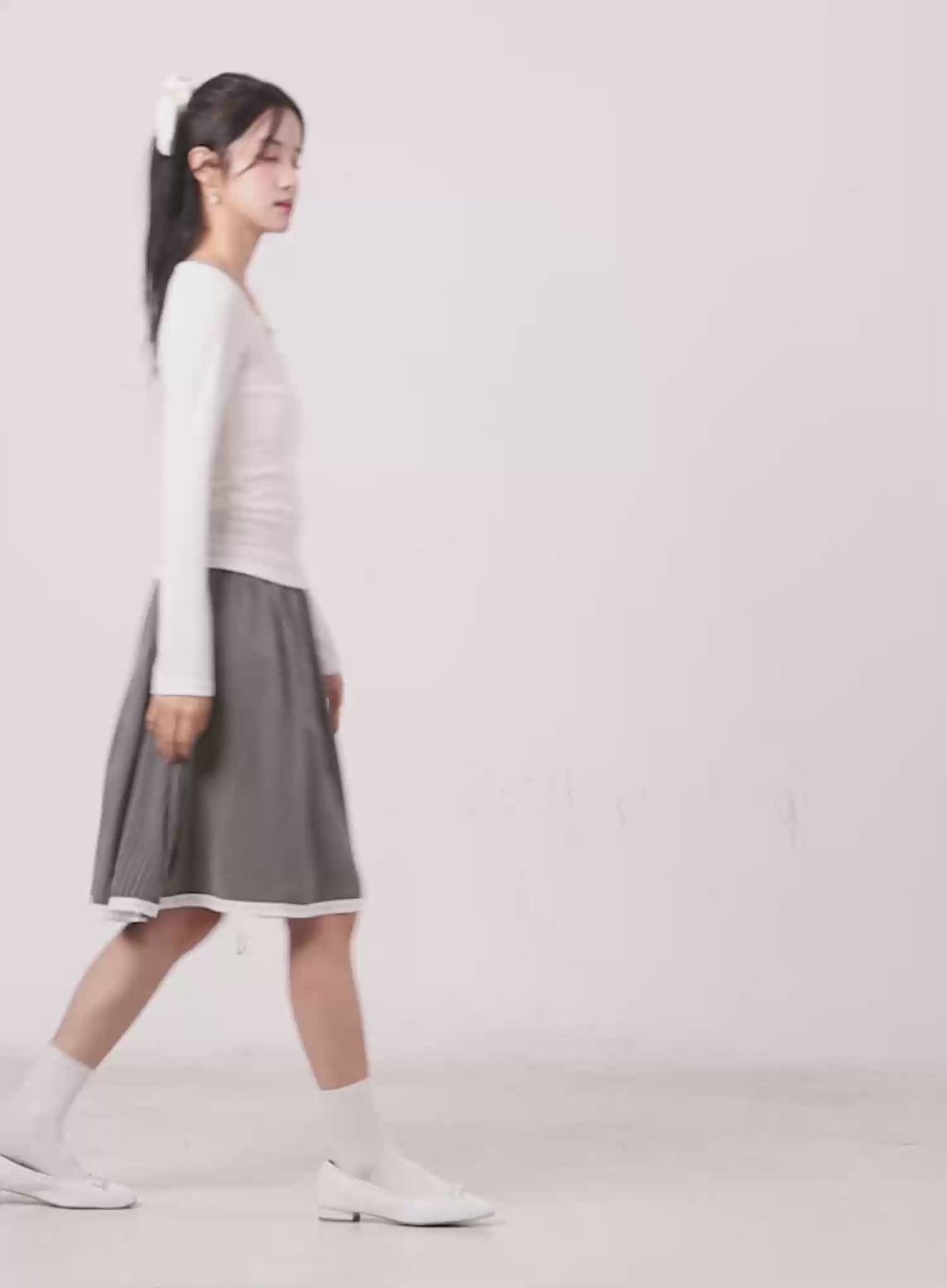 Heart Neck Shirred Long-Sleeve Top CG514