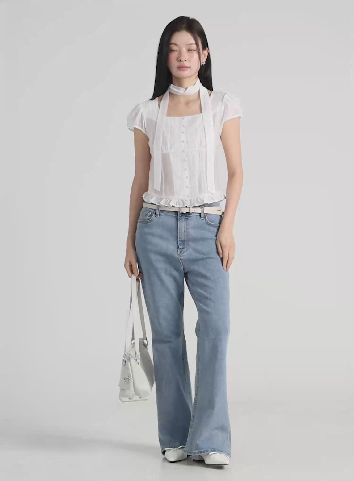 Puff Sleeve Shirred Blouse with Scarf IU519